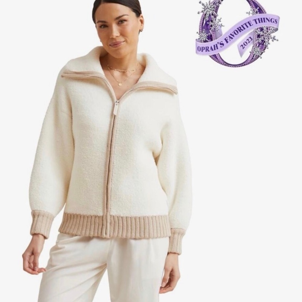 Kashwere Womens Full Zip Fleece Jacket Cream Tan Trim Mock Neck
